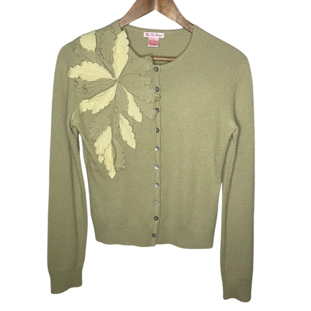 La La Lamé Green Flower Appliqué Cashmere Cardigan Sweater Size Small